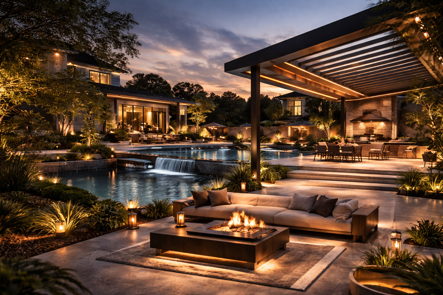 Outdoor retreat are with pergola, firepit, pool, steps, seating, at sunset.