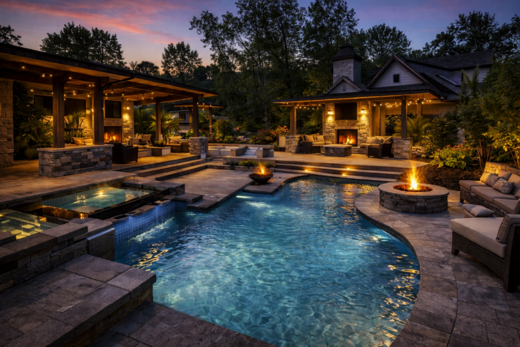 Outdoor patios with pool, multi level, fire features..