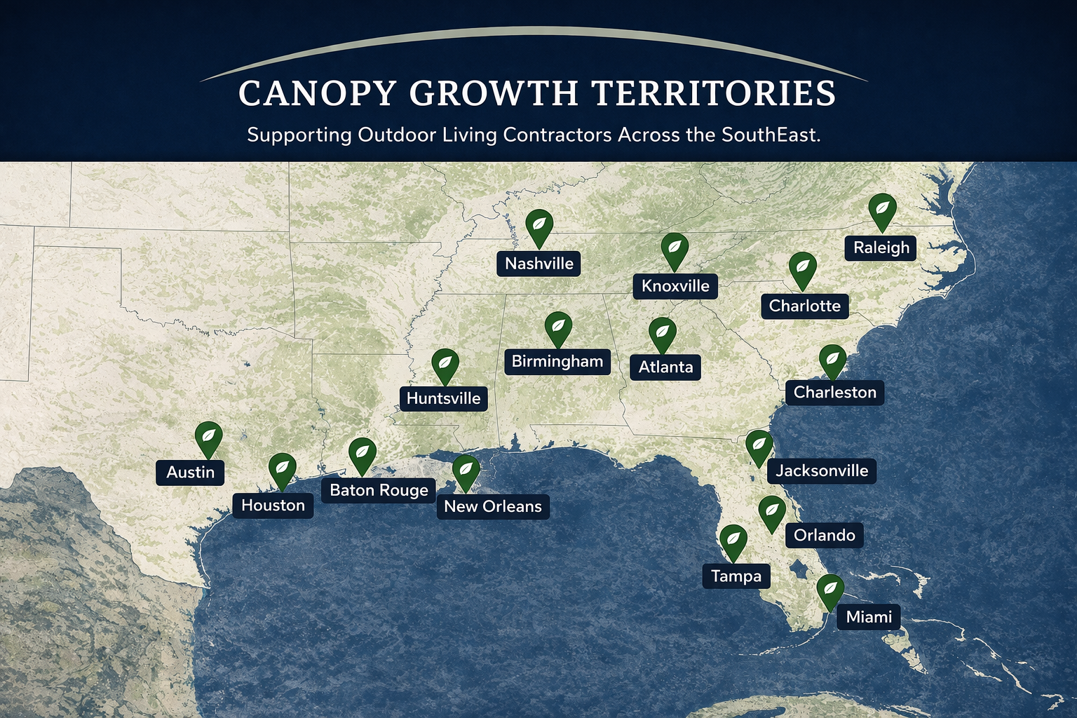 Canopy Growth system territores. Includes a map of locations in the southeast.