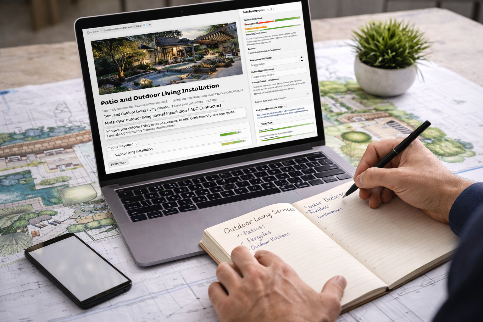 Homeowner taking notes researching on a laptop for patios.